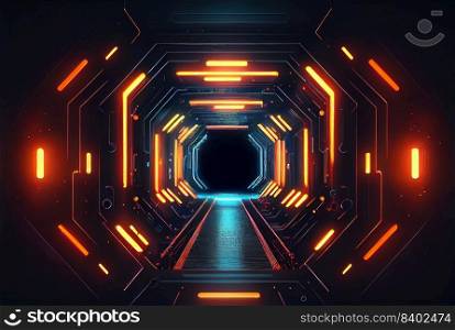 Futuristic Modern Abstract Background of Neon Light Tunnel Themed Space Station