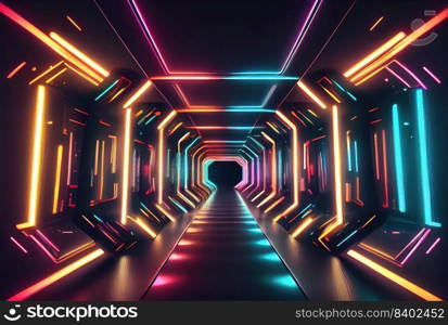 Futuristic Modern Backdrop of Cyberpunk Themed Neon Glowing Corridor