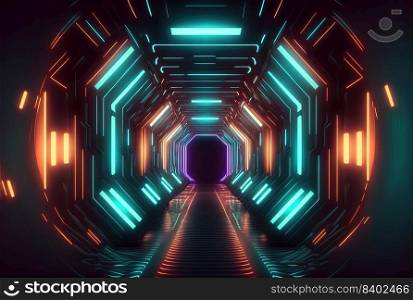 Futuristic Modern Backdrop of Cyberpunk Themed Neon Glowing Corridor