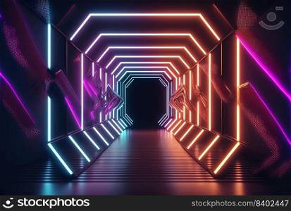 Futuristic Modern Technology Background of Cyberpunk Themed Neon Glowing Corridor