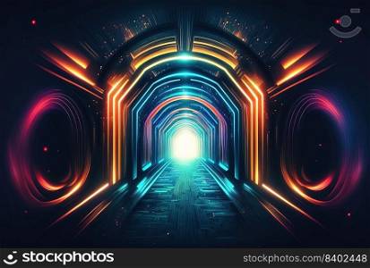 Futuristic Modern Technology Background of Cyberpunk Themed Neon Glowing Tunnel