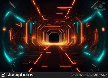 Futuristic Modern Technology Background of Cyberpunk Themed Neon Glowing Tunnel