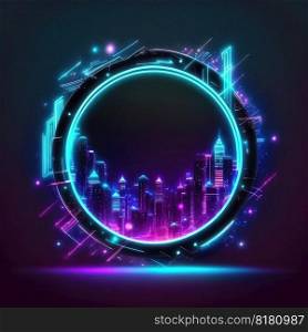 Futuristic of neon glowing in circle shape of cityscape. Concept of colorful cyberpunk in building view with digital design. Finest generative AI.. Futuristic of neon glowing in circle shape of cityscape view.