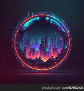 Futuristic of neon glowing in circle shape of cityscape. Concept of colorful cyberpunk in building view with digital design. Finest generative AI.. Futuristic of neon glowing in circle shape of cityscape view.