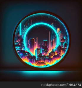 Futuristic of neon glowing in circle shape of cityscape. Concept of colorful cyberpunk in building view with digital design. Finest generative AI.. Futuristic of neon glowing in circle shape of cityscape view.