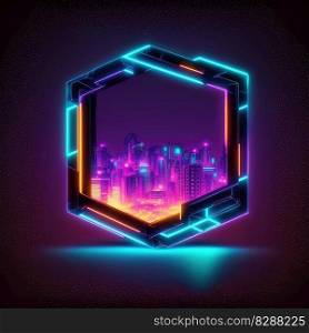 Futuristic of neon glowing in hexagon shape of cityscape. Concept of colorful cyberpunk in building view with digital design. Finest generative AI.. Futuristic of neon glowing in hexagon shape of cityscape view.