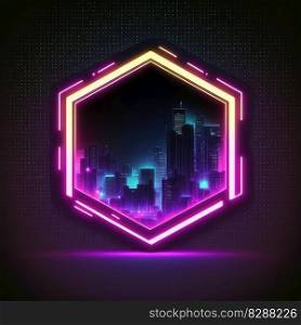 Futuristic of neon glowing in hexagon shape of cityscape. Concept of colorful cyberpunk in building view with digital design. Finest generative AI.. Futuristic of neon glowing in hexagon shape of cityscape view.
