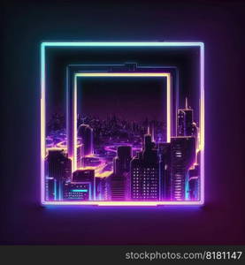 Futuristic of neon glowing in square shape of cityscape. Concept of colorful cyberpunk in building view with digital design. Finest generative AI.. Futuristic of neon glowing in square shape of cityscape view.