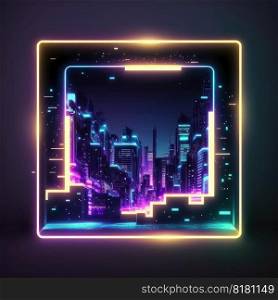 Futuristic of neon glowing in square shape of cityscape. Concept of colorful cyberpunk in building view with digital design. Finest generative AI.. Futuristic of neon glowing in square shape of cityscape view.