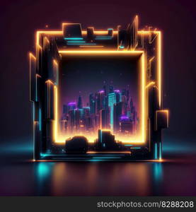 Futuristic of neon glowing in square shape of cityscape. Concept of colorful cyberpunk in building view with digital design. Finest generative AI.. Futuristic of neon glowing in square shape of cityscape view.