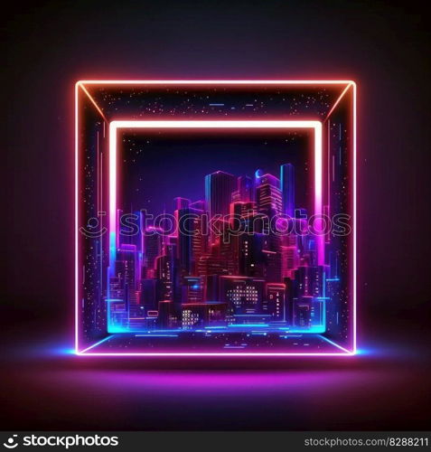 Futuristic of neon glowing in square shape of cityscape. Concept of colorful cyberpunk in building view with digital design. Finest generative AI.. Futuristic of neon glowing in square shape of cityscape view.