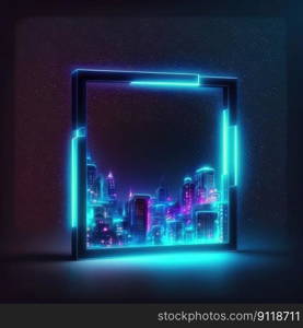 Futuristic of neon glowing in square shape of cityscape. Concept of colorful cyberpunk in building view with digital design. Finest generative AI.. Futuristic of neon glowing in square shape of cityscape view.