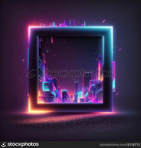 Futuristic of neon glowing in square shape of cityscape. Concept of colorful cyberpunk in building view with digital design. Finest generative AI.. Futuristic of neon glowing in square shape of cityscape view.