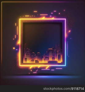 Futuristic of neon glowing in square shape of cityscape. Concept of colorful cyberpunk in building view with digital design. Finest generative AI.. Futuristic of neon glowing in square shape of cityscape view.