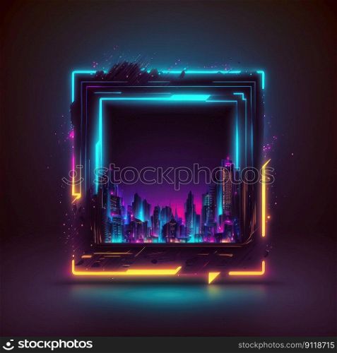 Futuristic of neon glowing in square shape of cityscape. Concept of colorful cyberpunk in building view with digital design. Finest generative AI.. Futuristic of neon glowing in square shape of cityscape view.