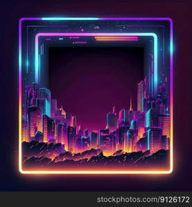 Futuristic of neon glowing in square shape of cityscape. Concept of colorful cyberpunk in building view with digital design. Finest generative AI.. Futuristic of neon glowing in square shape of cityscape view.