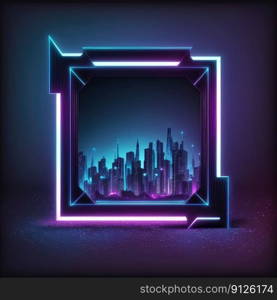 Futuristic of neon glowing in square shape of cityscape. Concept of colorful cyberpunk in building view with digital design. Finest generative AI.. Futuristic of neon glowing in square shape of cityscape view.