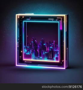 Futuristic of neon glowing in square shape of cityscape. Concept of colorful cyberpunk in building view with digital design. Finest generative AI.. Futuristic of neon glowing in square shape of cityscape view.