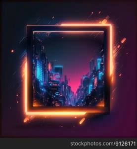 Futuristic of≠on glowing in square shape of cityscape. Concept of colorful cyberpunk in building view with digital design. Fi≠st≥≠rative AI.. Futuristic of≠on glowing in square shape of cityscape view.