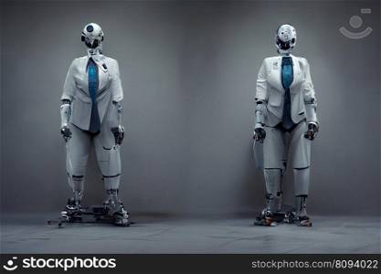 Futuristic office or bank with robot manager or banker worker. Generative AI. Not based on any actual scene or pattern, copy space. Futuristic office with robot manager worker. Generative AI. Not based on any actual scene or pattern