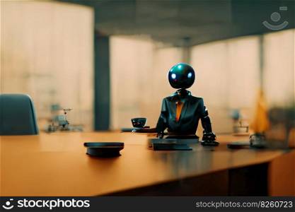 Futuristic office or bank with robot manager or banker worker. Generative AI. Not based on any actual scene or pattern. Closeup, copy space. Futuristic office with robot manager worker. Generative AI. Not based on any actual scene or pattern