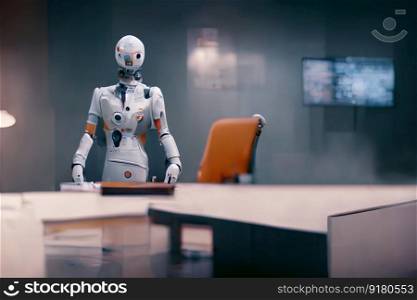 Futuristic office or bank with robot manager or banker worker. Neural network generated art. Digitally generated image. Closeup, copy space. Futuristic office with robot manager worker. Ai generated art