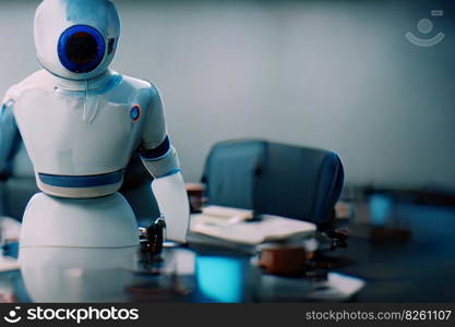Futuristic office or bank with robot manager, secretary or banker worker. Neural network generated art. Digitally generated image. Closeup, copy space. Futuristic office with robot secretary worker. Ai generated art