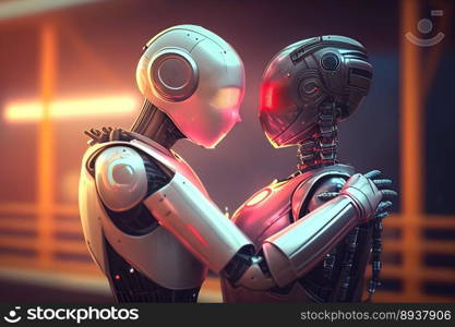 Futuristic portrait of robots in love. An artistic abstract cyberpunk fantasy. Generative AI . Valentines day futuristic technology concept 