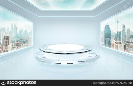 Futuristic pure white interior design of modern showroom with large windows and city urban landscape . Mixed media .