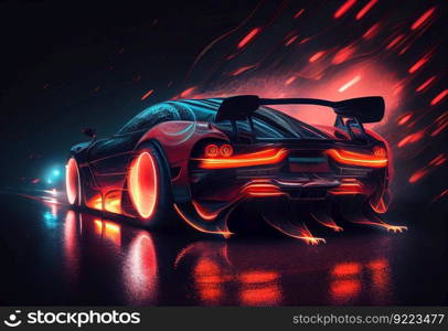Futuristic red car in dark with light trails illustration. AI generative.