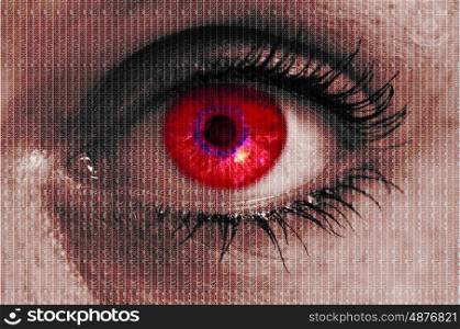 futuristic red eye with matrix texture looking at viewer. futuristic red eye with matrix texture looking at viewer.
