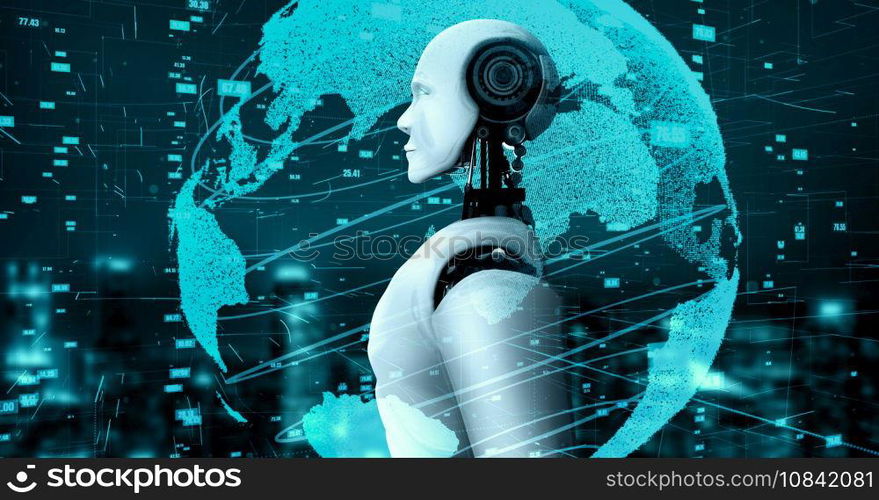 Futuristic robot artificial intelligence huminoid AI data analytic technology development and machine learning concept. Global robotic bionic science research for future of human life. 3D rendering.. Futuristic robot artificial intelligence huminoid AI data analytic technology