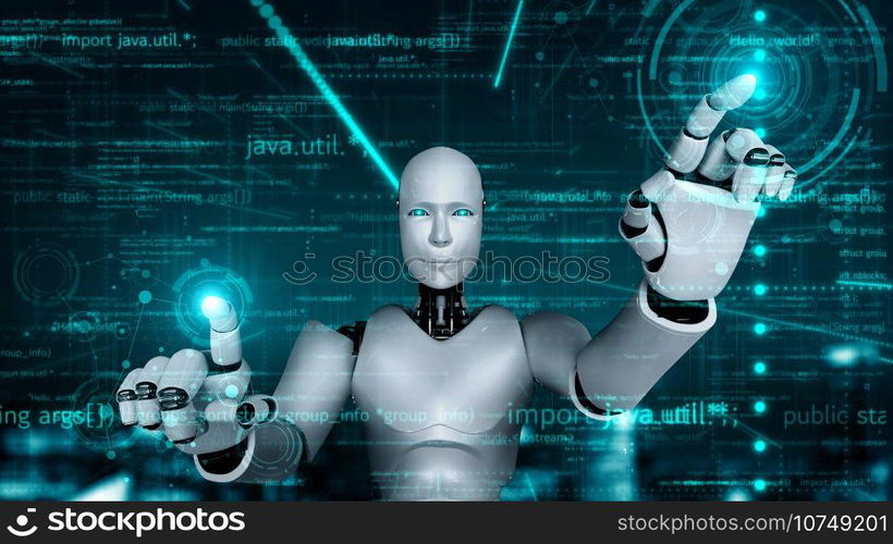 Futuristic robot artificial intelligence huminoid AI programming coding technology development and machine learning concept. Robotic bionic science research for future of human life. 3D rendering.. Futuristic robot artificial intelligence huminoid AI programming coding