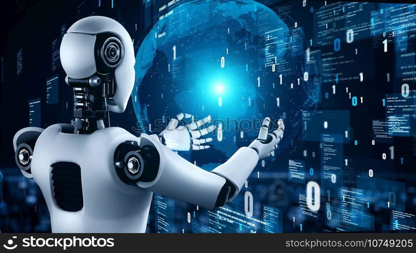 Futuristic robot artificial intelligence huminoid AI programming coding technology development and machine learning concept. Robotic bionic science research for future of human life. 3D rendering.. Futuristic robot artificial intelligence huminoid AI programming coding