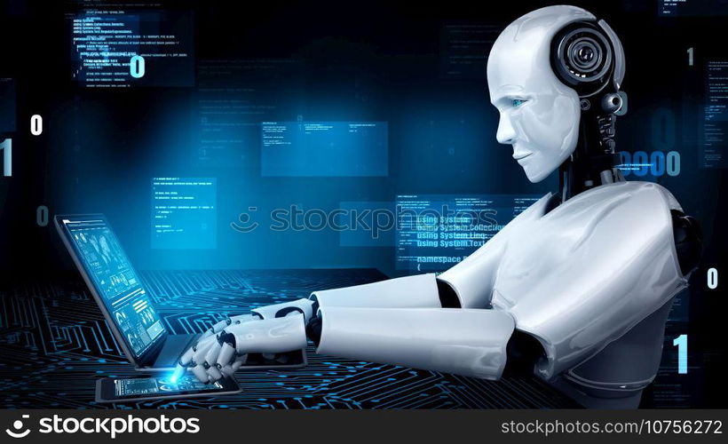 Futuristic robot artificial intelligence huminoid AI programming coding technology development and machine learning concept. Robotic bionic science research for future of human life. 3D rendering.. Futuristic robot artificial intelligence huminoid AI programming coding