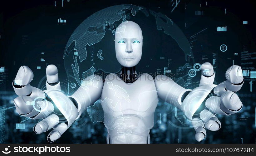 Futuristic robot artificial intelligence huminoid AI programming coding technology development and machine learning concept. Robotic bionic science research for future of human life. 3D rendering.. Futuristic robot artificial intelligence huminoid AI programming coding