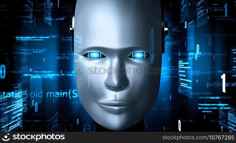 Futuristic robot artificial intelligence huminoid AI programming coding technology development and machine learning concept. Robotic bionic science research for future of human life. 3D rendering.. Futuristic robot artificial intelligence huminoid AI programming coding
