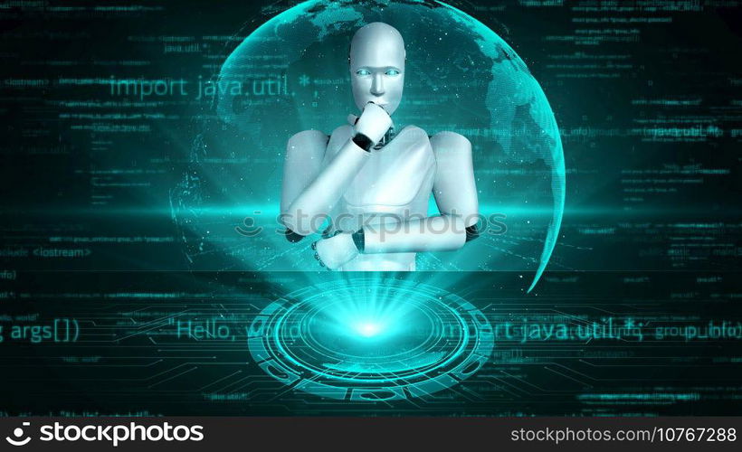 Futuristic robot artificial intelligence huminoid AI programming coding technology development and machine learning concept. Robotic bionic science research for future of human life. 3D rendering.. Futuristic robot artificial intelligence huminoid AI programming coding