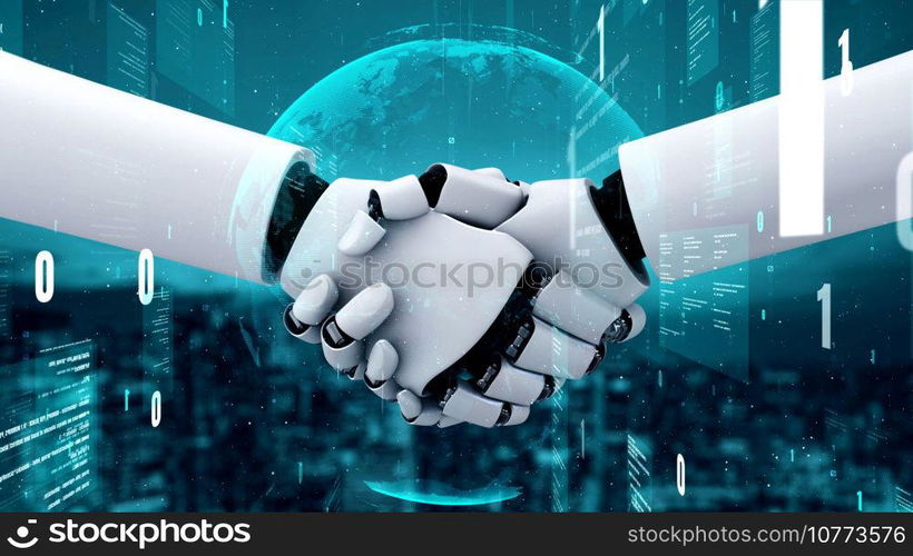 Futuristic robot artificial intelligence huminoid AI programming coding technology development and machine learning concept. Robotic bionic science research for future of human life. 3D rendering.. Futuristic robot artificial intelligence huminoid AI programming coding