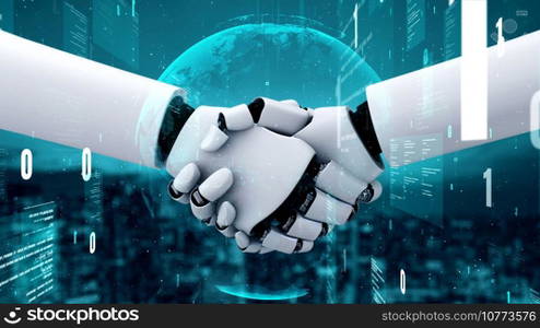 Futuristic robot artificial intelligence huminoid AI programming coding technology development and machine learning concept. Robotic bionic science research for future of human life. 3D rendering.. Futuristic robot artificial intelligence huminoid AI programming coding
