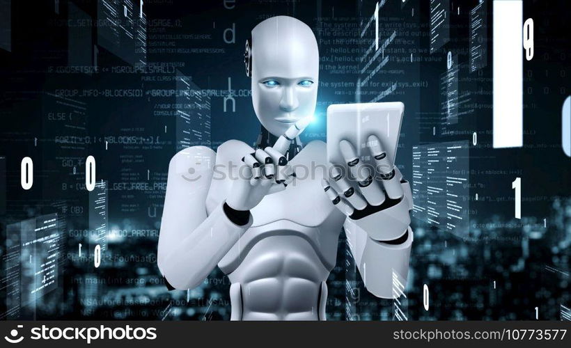 Futuristic robot artificial intelligence huminoid AI programming coding technology development and machine learning concept. Robotic bionic science research for future of human life. 3D rendering.. Futuristic robot artificial intelligence huminoid AI programming coding