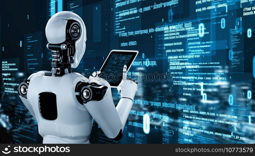 Futuristic robot artificial intelligence huminoid AI programming coding technology development and machine learning concept. Robotic bionic science research for future of human life. 3D rendering.. Futuristic robot artificial intelligence huminoid AI programming coding