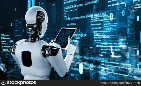 Futuristic robot artificial intelligence huminoid AI programming coding technology development and machine learning concept. Robotic bionic science research for future of human life. 3D rendering.. Futuristic robot artificial intelligence huminoid AI programming coding