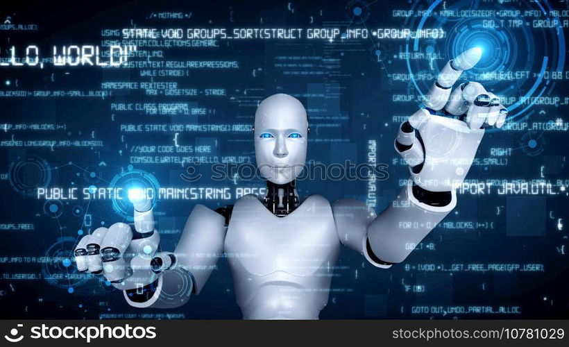 Futuristic robot artificial intelligence huminoid AI programming coding technology development and machine learning concept. Robotic bionic science research for future of human life. 3D rendering.. Futuristic robot artificial intelligence huminoid AI programming coding