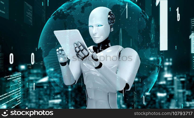 Futuristic robot artificial intelligence huminoid AI programming coding technology development and machine learning concept. Robotic bionic science research for future of human life. 3D rendering.. Futuristic robot artificial intelligence huminoid AI programming coding