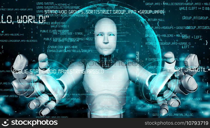 Futuristic robot artificial intelligence huminoid AI programming coding technology development and machine learning concept. Robotic bionic science research for future of human life. 3D rendering.. Futuristic robot artificial intelligence huminoid AI programming coding