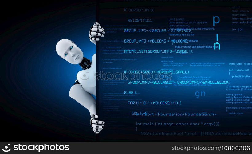 Futuristic robot artificial intelligence huminoid AI programming coding technology development and machine learning concept. Robotic bionic science research for future of human life. 3D rendering.. Futuristic robot artificial intelligence huminoid AI programming coding