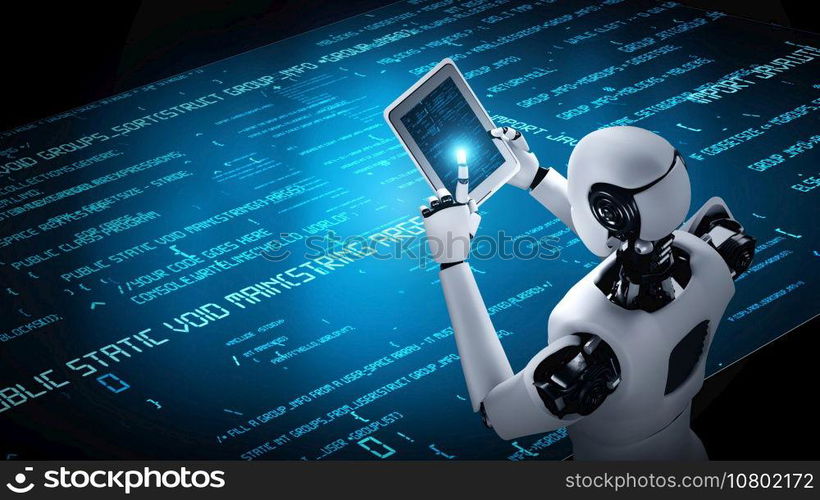 Futuristic robot artificial intelligence huminoid AI programming coding technology development and machine learning concept. Robotic bionic science research for future of human life. 3D rendering.. Futuristic robot artificial intelligence huminoid AI programming coding