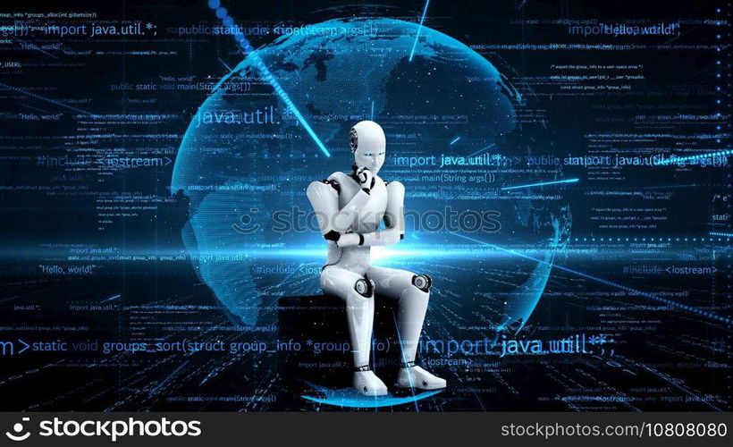 Futuristic robot artificial intelligence huminoid AI programming coding technology development and machine learning concept. Robotic bionic science research for future of human life. 3D rendering.. Futuristic robot artificial intelligence huminoid AI programming coding