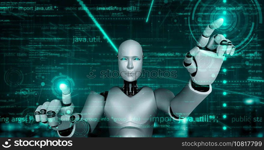 Futuristic robot artificial intelligence huminoid AI programming coding technology development and machine learning concept. Robotic bionic science research for future of human life. 3D rendering.. Futuristic robot artificial intelligence huminoid AI programming coding